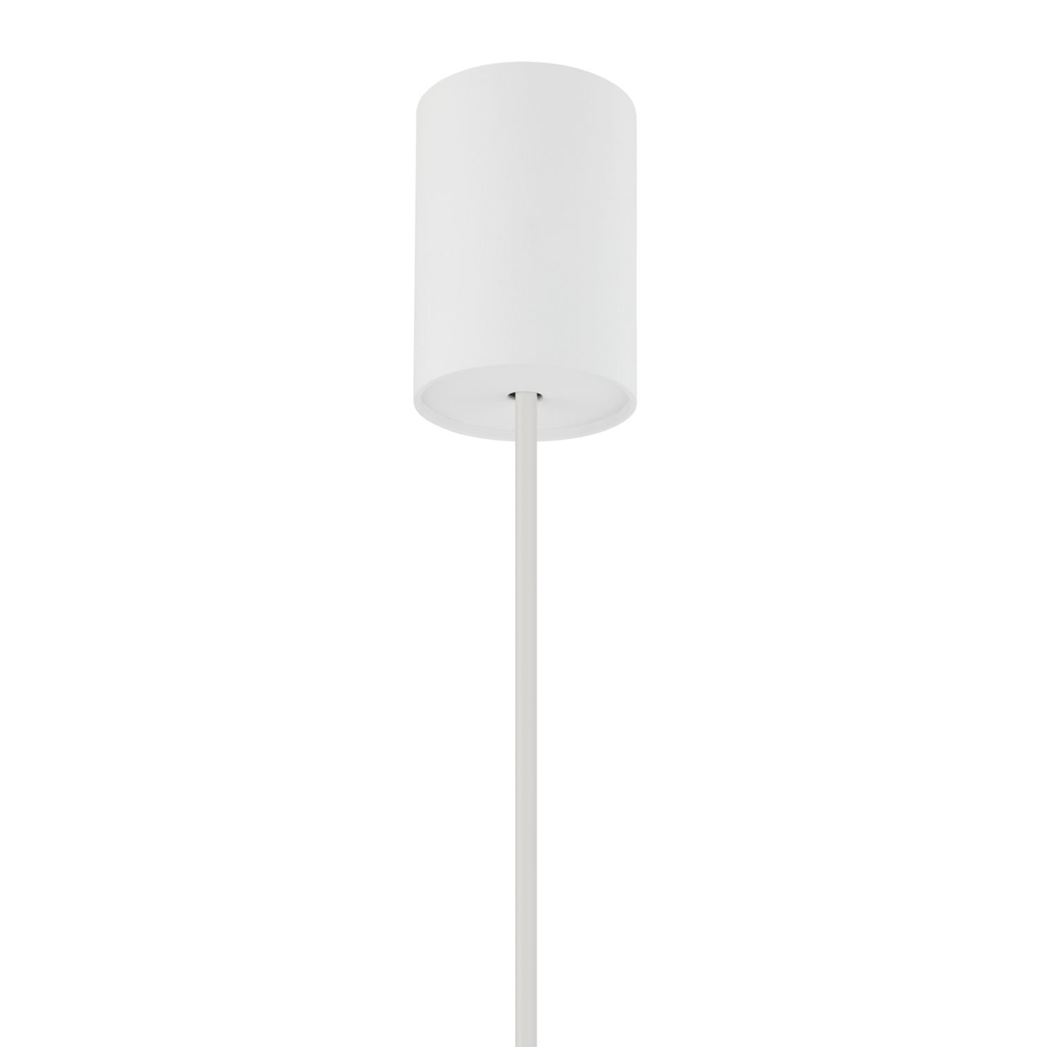 Biała, cylindryczna lampa wisząca z prostym przewodem. Lampa ma nowoczesny i minimalistyczny design.