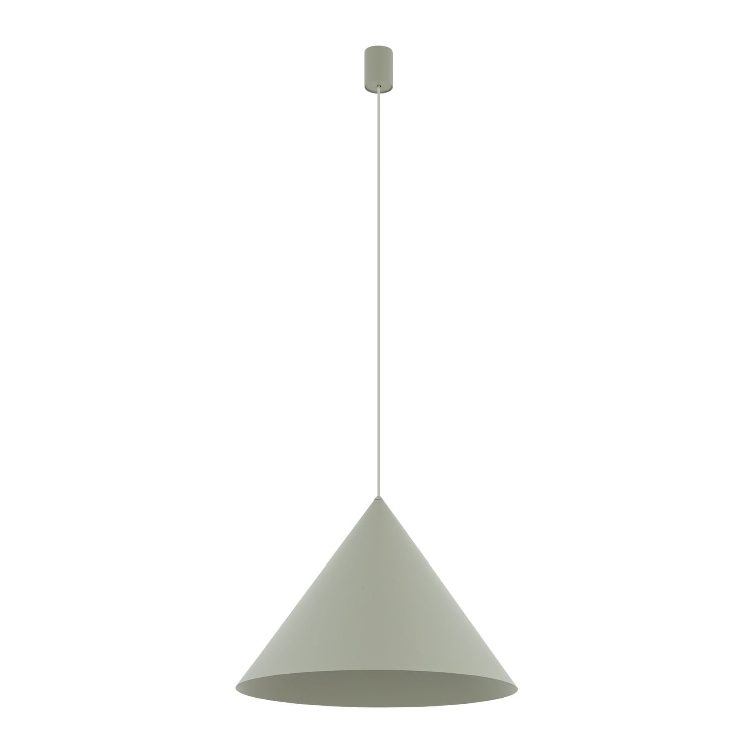 Na obrazie widoczna jest nowoczesna lampa wisząca o stożkowym kształcie w jasnym kolorze, zawieszona na cienkim przewodzie. Lampa ma minimalistyczny design i jest przeznaczona do montażu sufitowego.