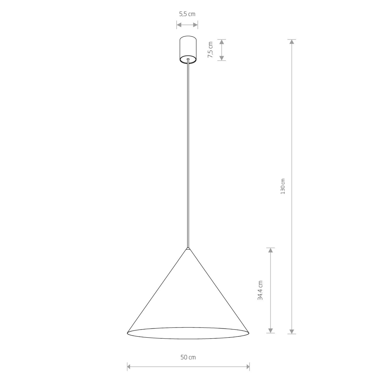 Schemat lampy wiszącej z wymiarami: średnica klosza 35 cm, wysokość klosza 23,7 cm, długość kabla 130 cm, średnica mocowania sufitowego 5,5 cm, wysokość mocowania 7,5 cm.