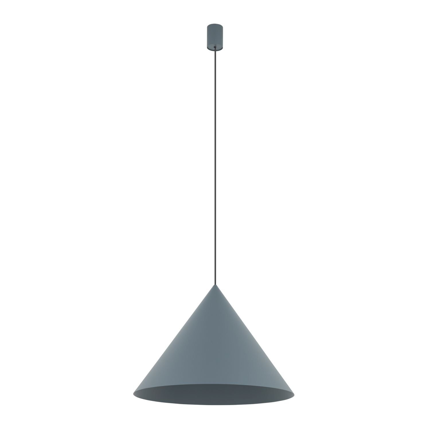 Na obrazie widoczna jest nowoczesna lampa wisząca o stożkowym kształcie w kolorze szarym, zawieszona na cienkim przewodzie. Lampa ma prosty, minimalistyczny design.