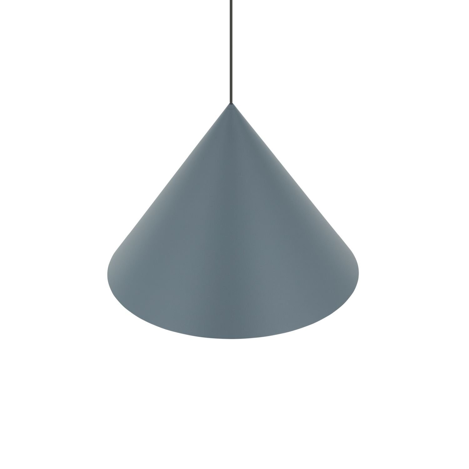 Na obrazie widoczna jest lampa wisząca o stożkowym kształcie w kolorze szarym, zawieszona na cienkim przewodzie.
