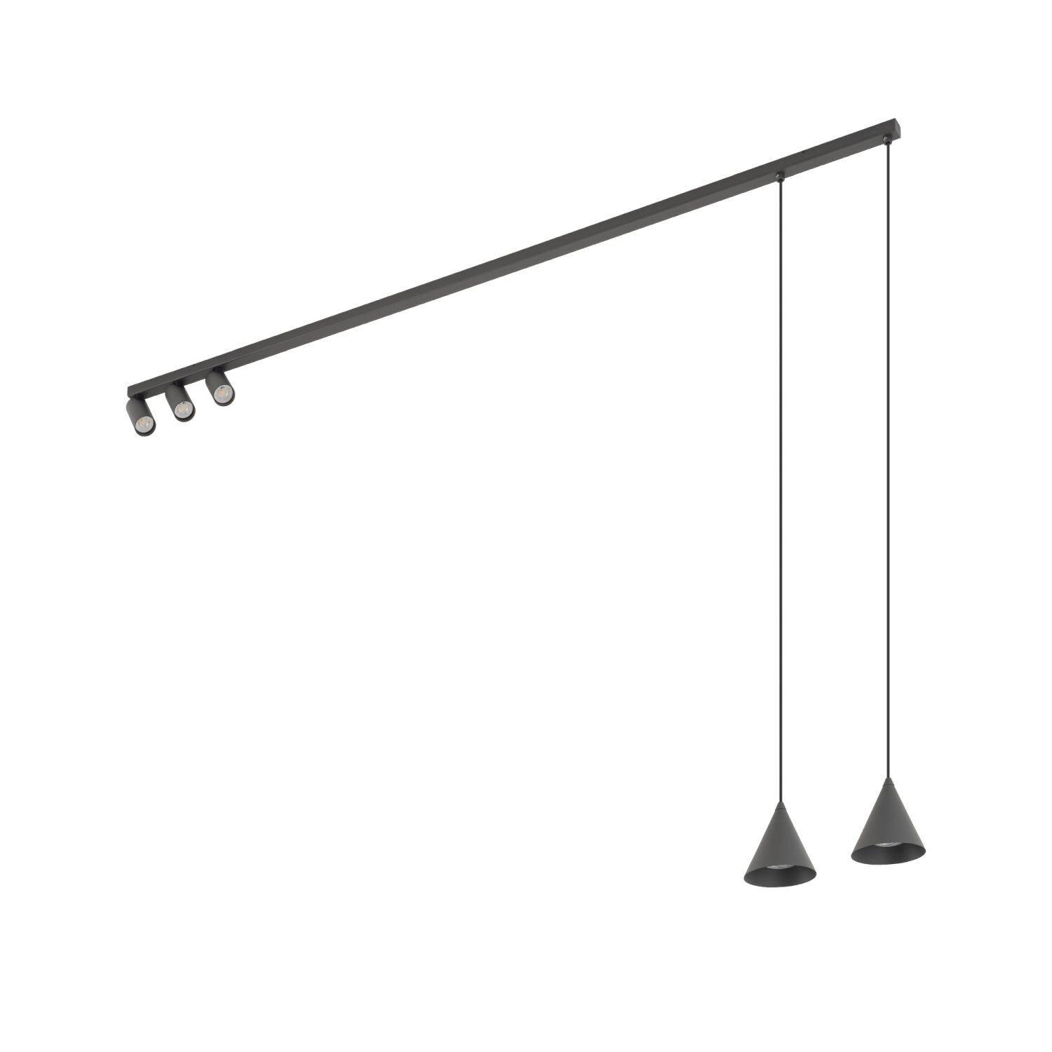 Na obrazie widoczna jest nowoczesna lampa wisząca z reflektorami, składająca się z długiego, prostego ramienia z trzema reflektorami oraz dwóch stożkowych kloszy zawieszonych na cienkich przewodach.