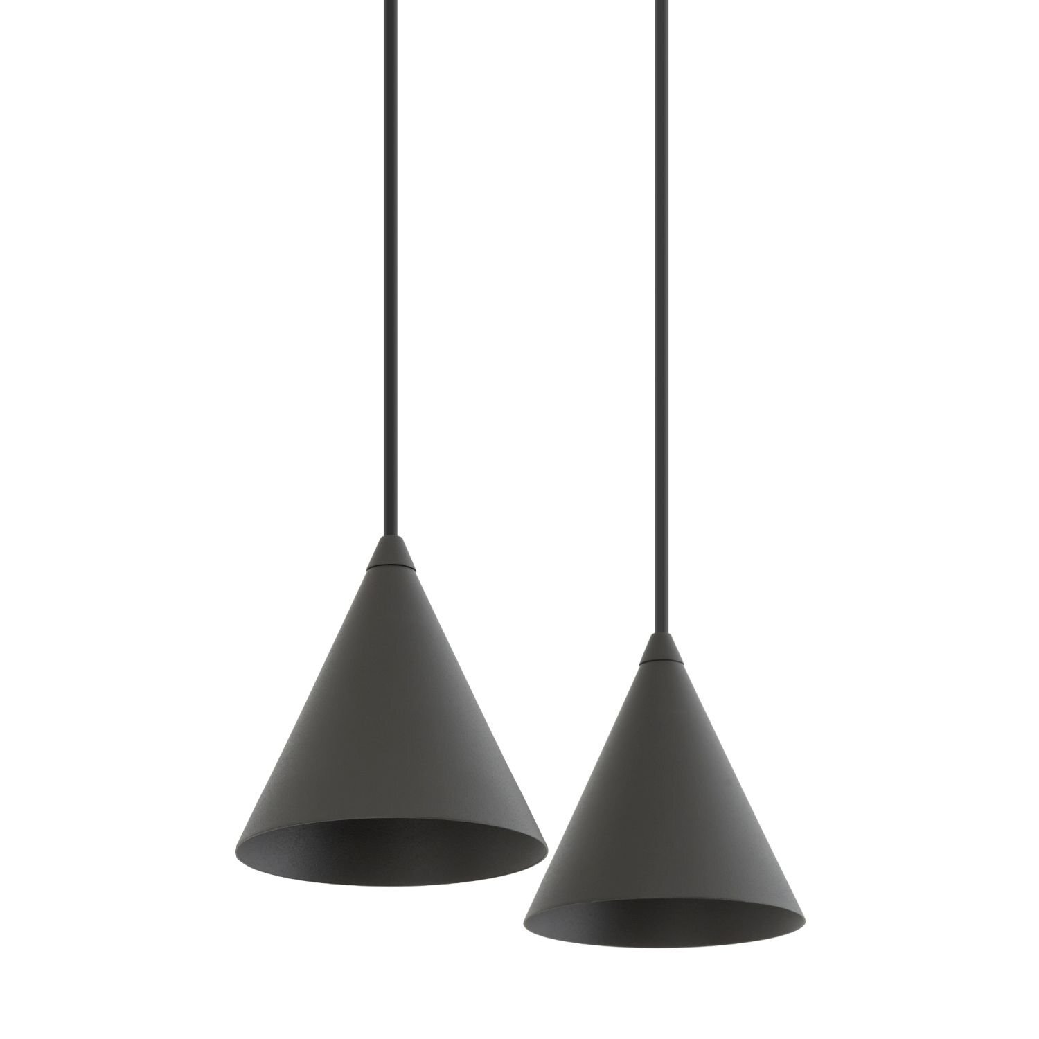 Na obrazie widoczne są dwie czarne, stożkowe lampy wiszące z reflektorami, zawieszone na cienkich przewodach.