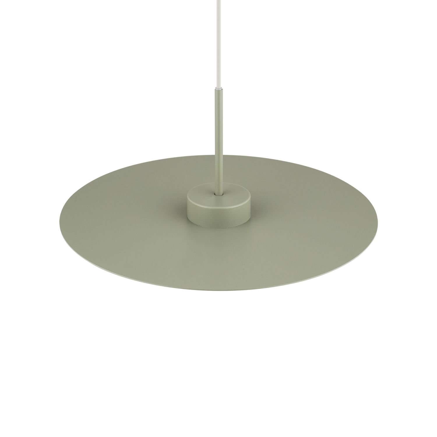 Lampa wisząca o prostym, nowoczesnym designie z okrągłym, płaskim kloszem w kolorze oliwkowym. Lampa jest zawieszona na cienkim przewodzie.