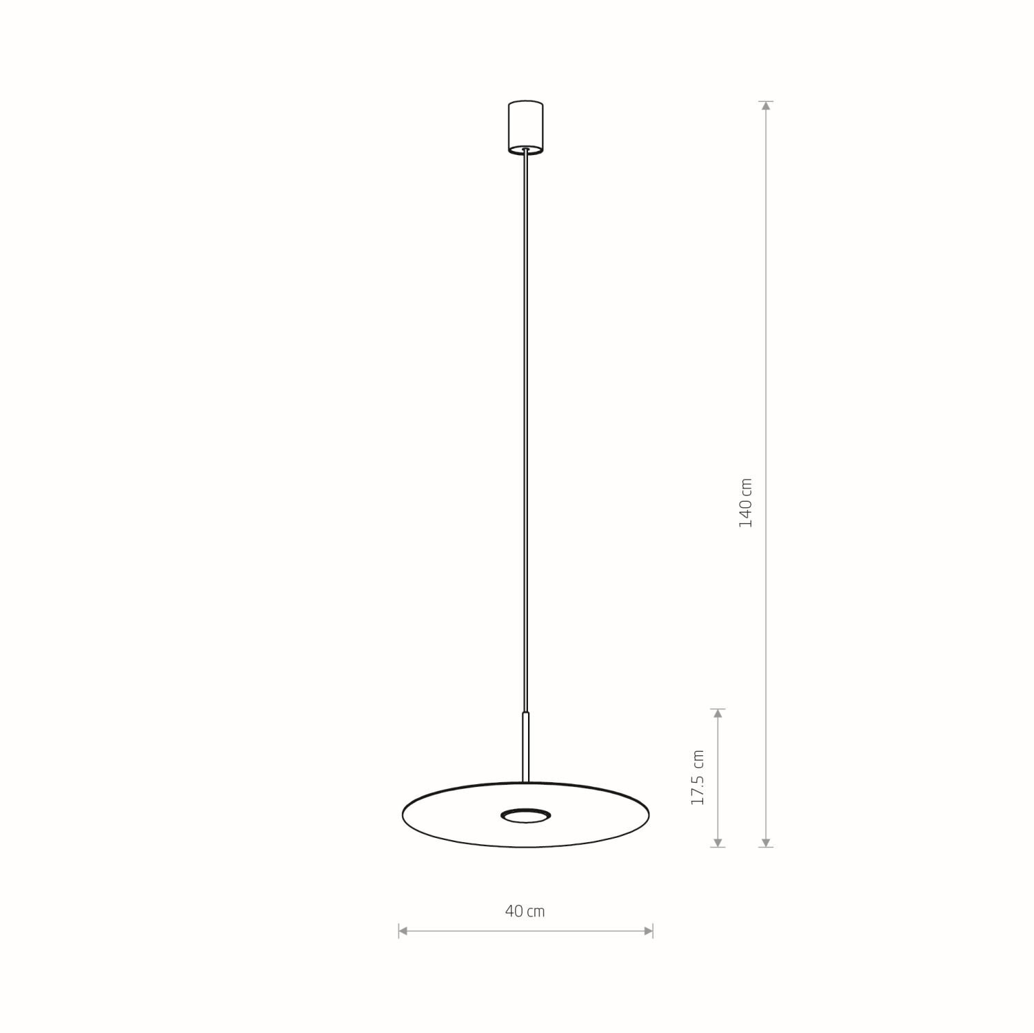 Schematyczny rysunek lampy wiszącej z okrągłym kloszem i długim przewodem. Wymiary: 140 cm wysokości całkowitej, 17,5 cm wysokości klosza, 40 cm średnicy klosza.