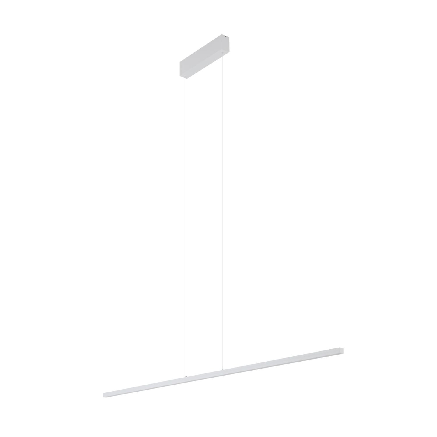 Nowoczesna lampa wisząca LED o prostym, minimalistycznym designie, składająca się z długiego, wąskiego panelu świetlnego zawieszonego na dwóch cienkich przewodach. Całość utrzymana jest w białej kolorystyce.