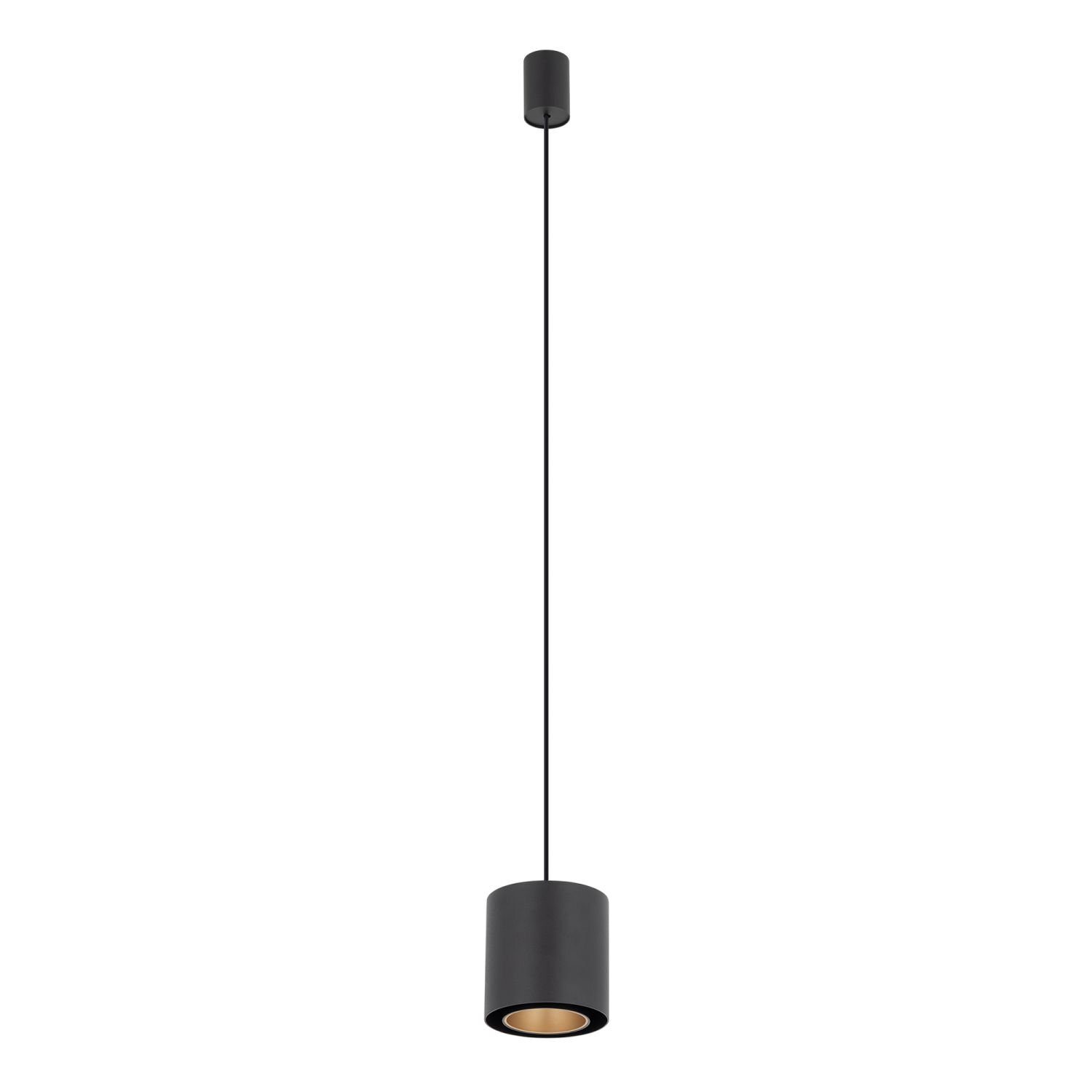 Lampa wisząca z czarnym, okrągłym kloszem i złotymi akcentami, zawieszona na cienkim przewodzie. Klosz ma błyszczące wykończenie i przezroczystą dolną część.