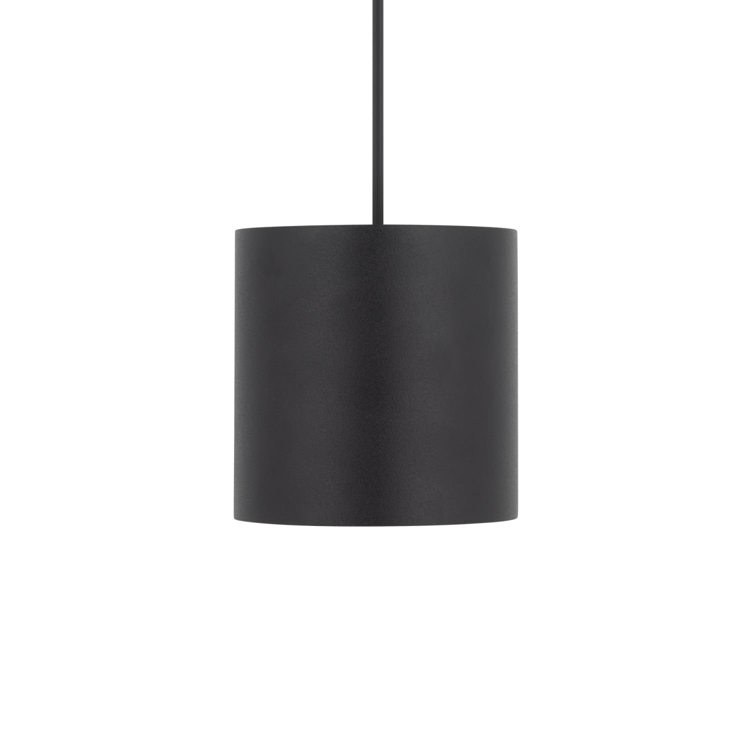 Czarna, cylindryczna lampa wisząca z prostym kablem u góry.
