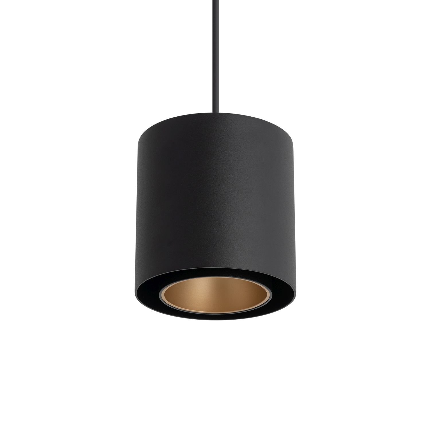 Czarna, cylindryczna lampa wisząca z wewnętrzną złotą powierzchnią. Lampa jest zawieszona na cienkim przewodzie.