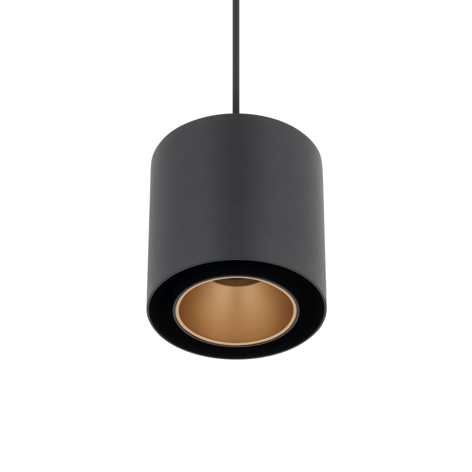 Czarna, cylindryczna lampa wisząca z wewnętrzną złotą powierzchnią. Lampa jest zawieszona na cienkim przewodzie.