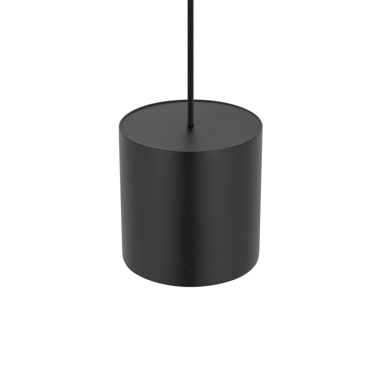 Czarna, cylindryczna lampa wisząca z prostym przewodem u góry. Powierzchnia lampy jest matowa.