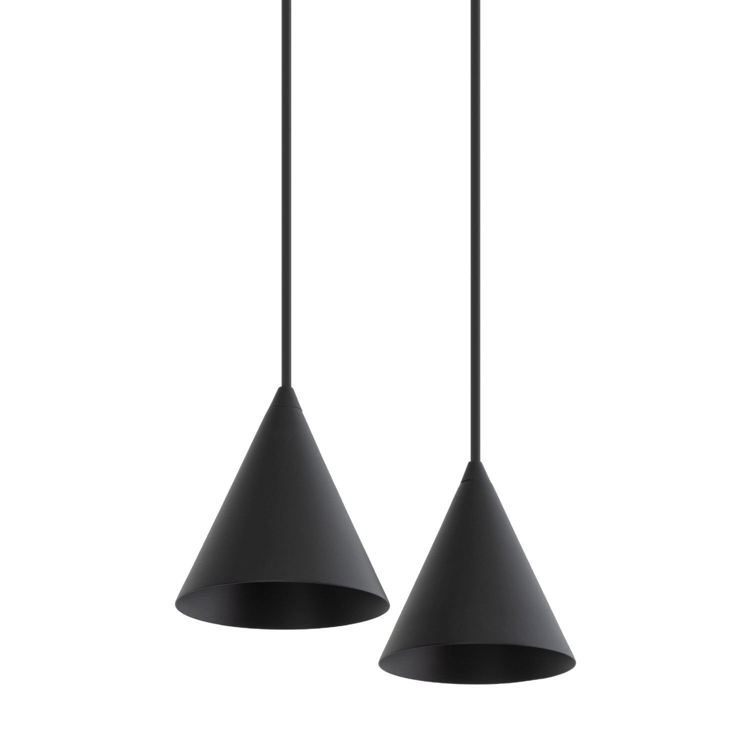 Dwa czarne, stożkowe klosze lamp wiszących z reflektorkami, zawieszone na cienkich przewodach.