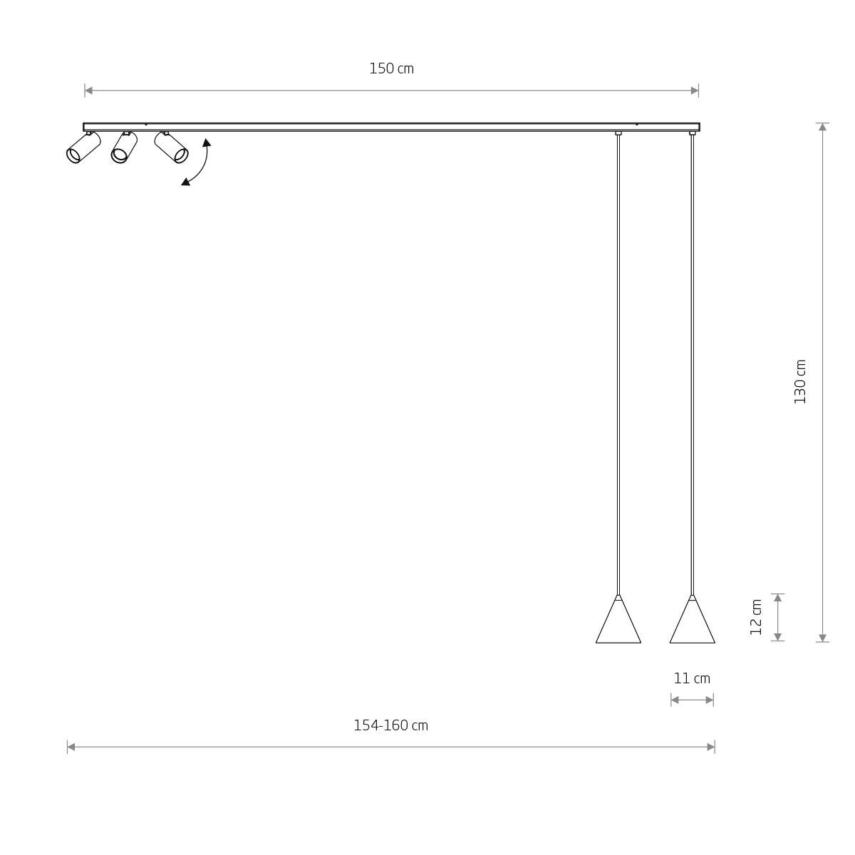 Schematyczny rysunek lampy wiszącej z reflektorami, z wymiarami: długość 150 cm, wysokość 130 cm, szerokość 11 cm, oraz regulowana długość 154-160 cm. Widoczne są cztery reflektory i dwa przewody zakończone stożkowymi elementami o wysokości 12 cm.