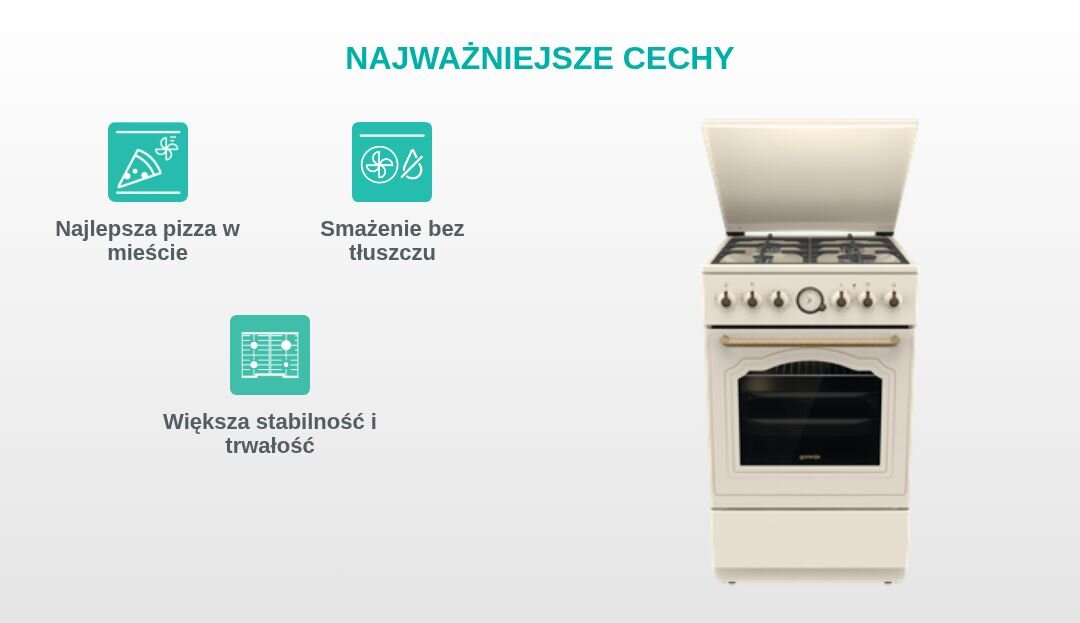 Obraz przedstawia kuchnię z otwartą pokrywą i czterema pokrętłami, obok której znajdują się trzy ikony z tekstami: \'Najlepsza pizza w mieście\', \'Smażenie bez tłuszczu\', \'Większa stabilność i trwałość\'. Na górze widnieje napis \'NAJWAŻNIEJSZE CECHY\'.