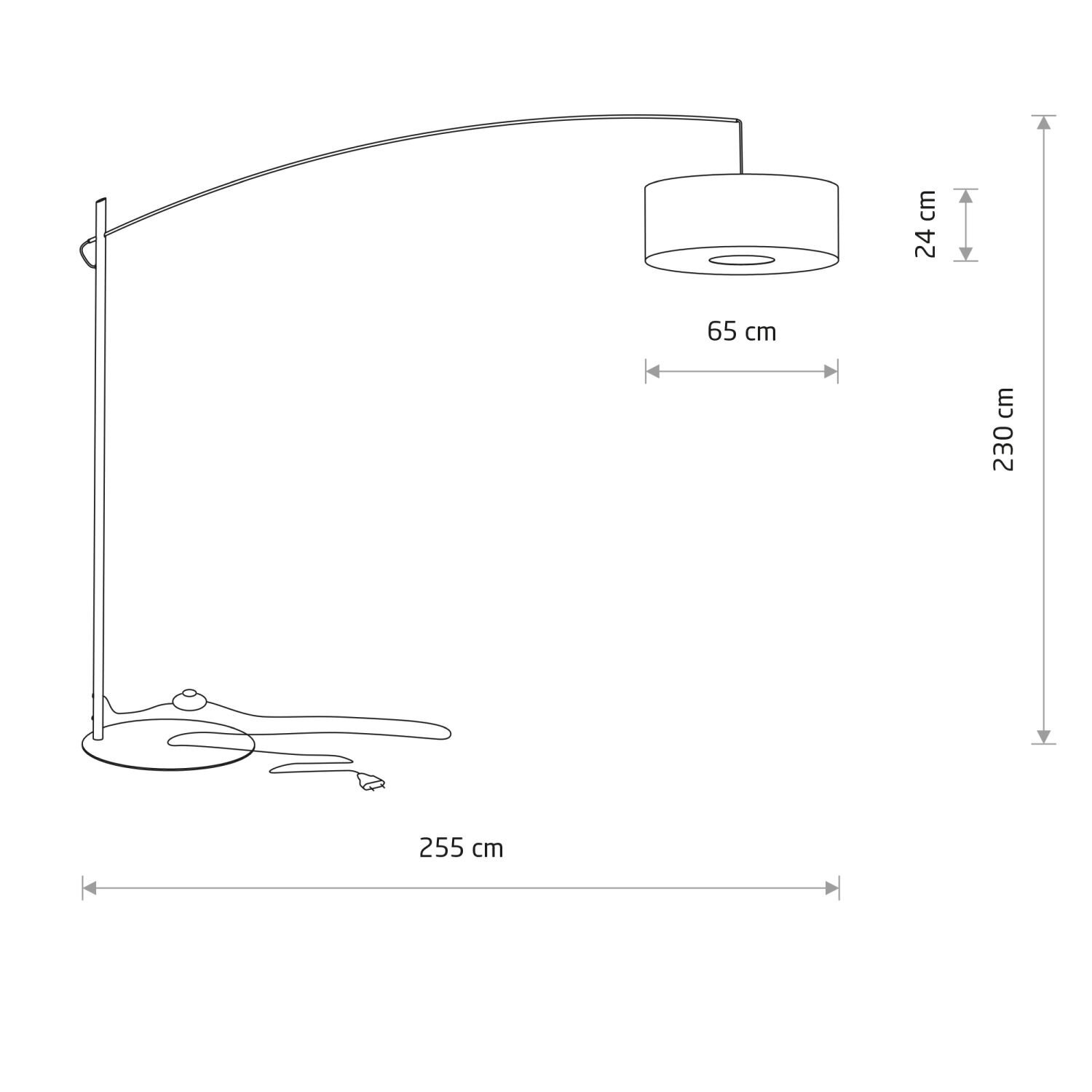 Schemat lampy podłogowej z wysięgnikiem, z wymiarami: wysokość 230 cm, długość wysięgnika 255 cm, średnica klosza 65 cm, wysokość klosza 24 cm.