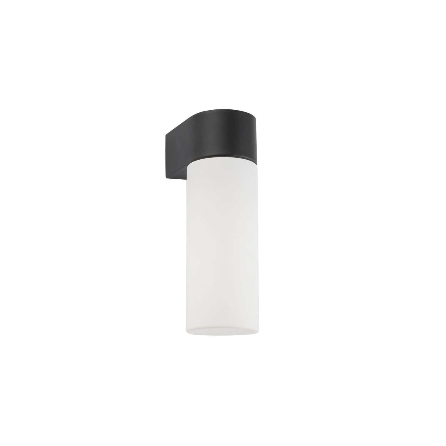 Na obrazie widoczny jest kinkiet z cylindrycznym, białym kloszem i czarną podstawą montażową. Lampa ma nowoczesny design i jest przeznaczona do montażu na ścianie.