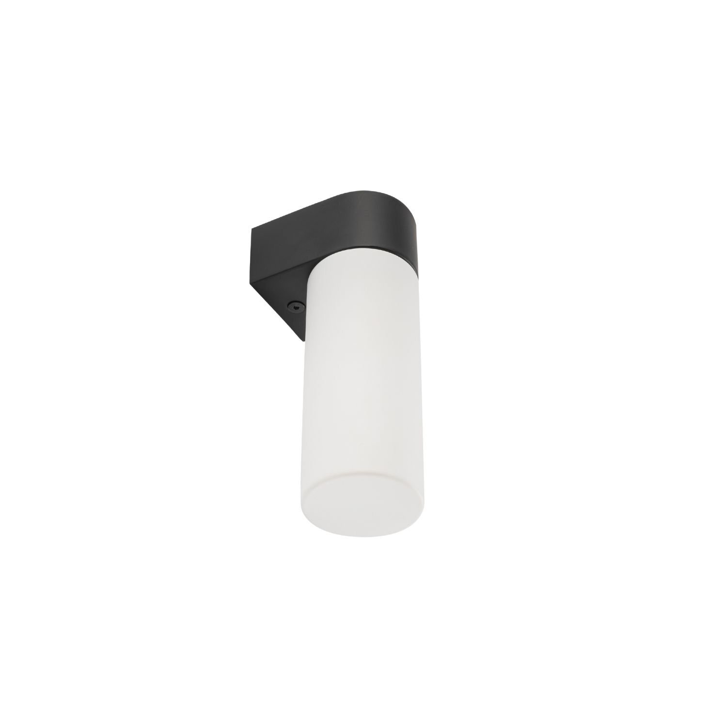 Na obrazie widoczny jest kinkiet z białym, cylindrycznym kloszem i czarną podstawą montażową. Lampa ma nowoczesny design i jest przeznaczona do montażu na ścianie.