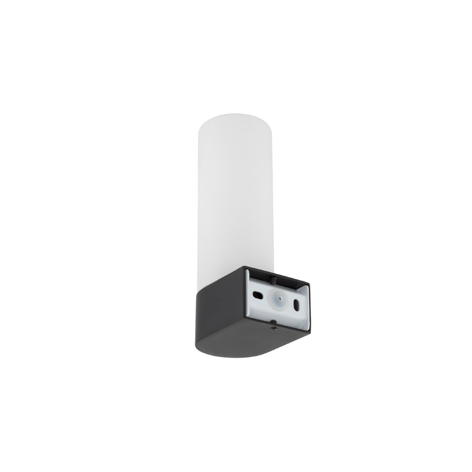 Na obrazie widoczny jest kinkiet z białym, cylindrycznym kloszem i czarną podstawą. Lampa ma nowoczesny design i jest przeznaczona do montażu na ścianie.