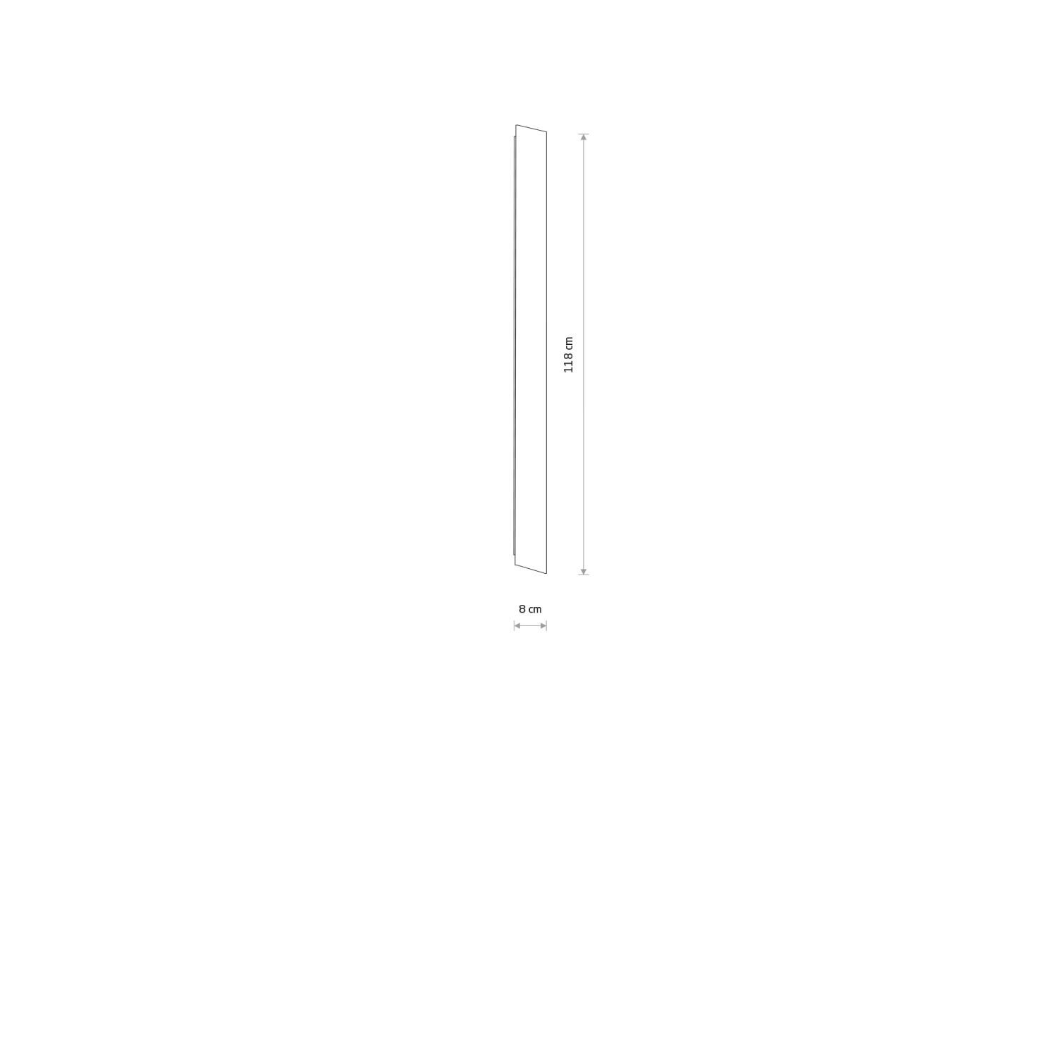 Schematyczny rysunek przedstawiający liniową lampę ścienną o wymiarach 118 cm wysokości i 8 cm szerokości.