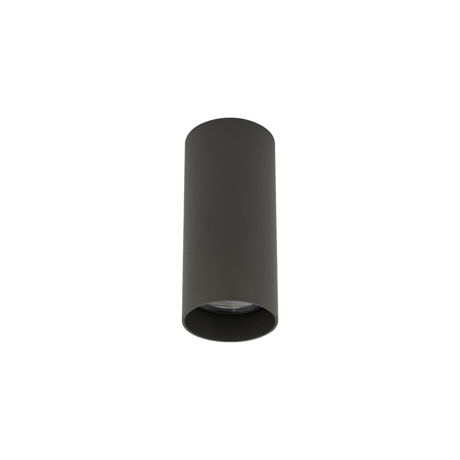 Cylindryczna, czarna lampa natynkowa o nowoczesnym designie, z widocznym źródłem światła wewnątrz.