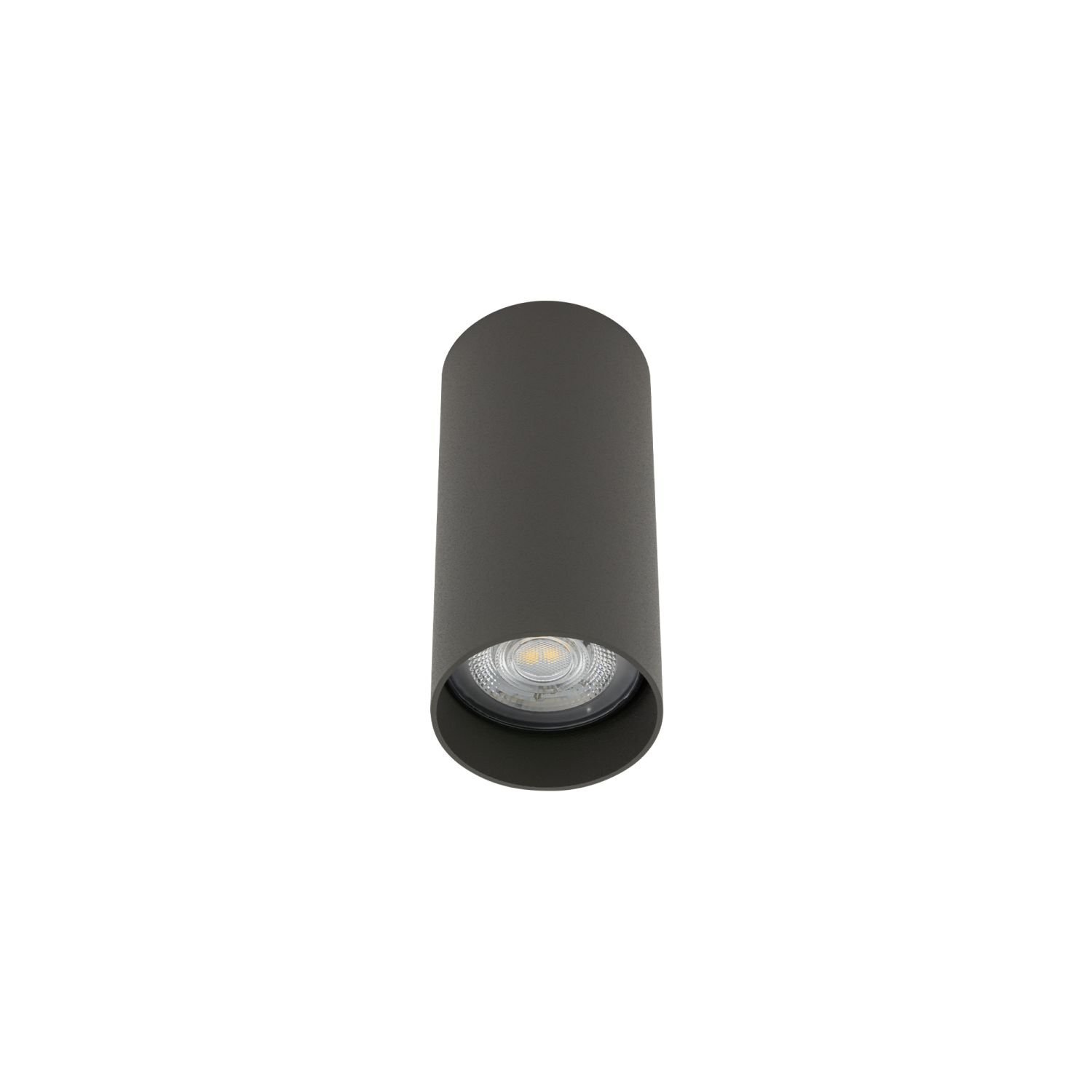 Cylindryczna lampa natynkowa w kolorze ciemnoszarym z widocznym źródłem światła wewnątrz. Lampa ma nowoczesny design i jest przeznaczona do montażu sufitowego.