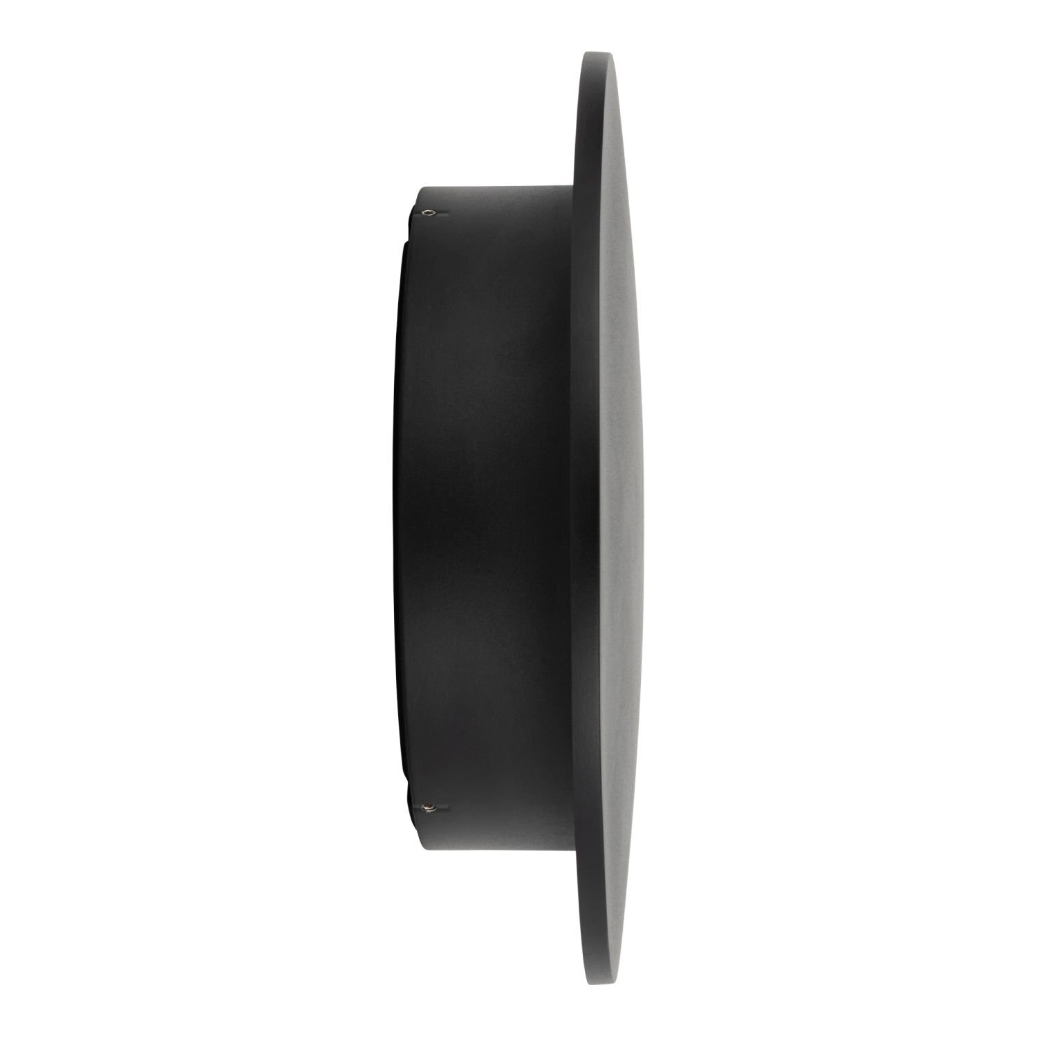 Obraz przedstawia czarną, okrągłą lampę ścienną widzianą z boku. Lampa ma prosty, nowoczesny design z płaskim frontem.