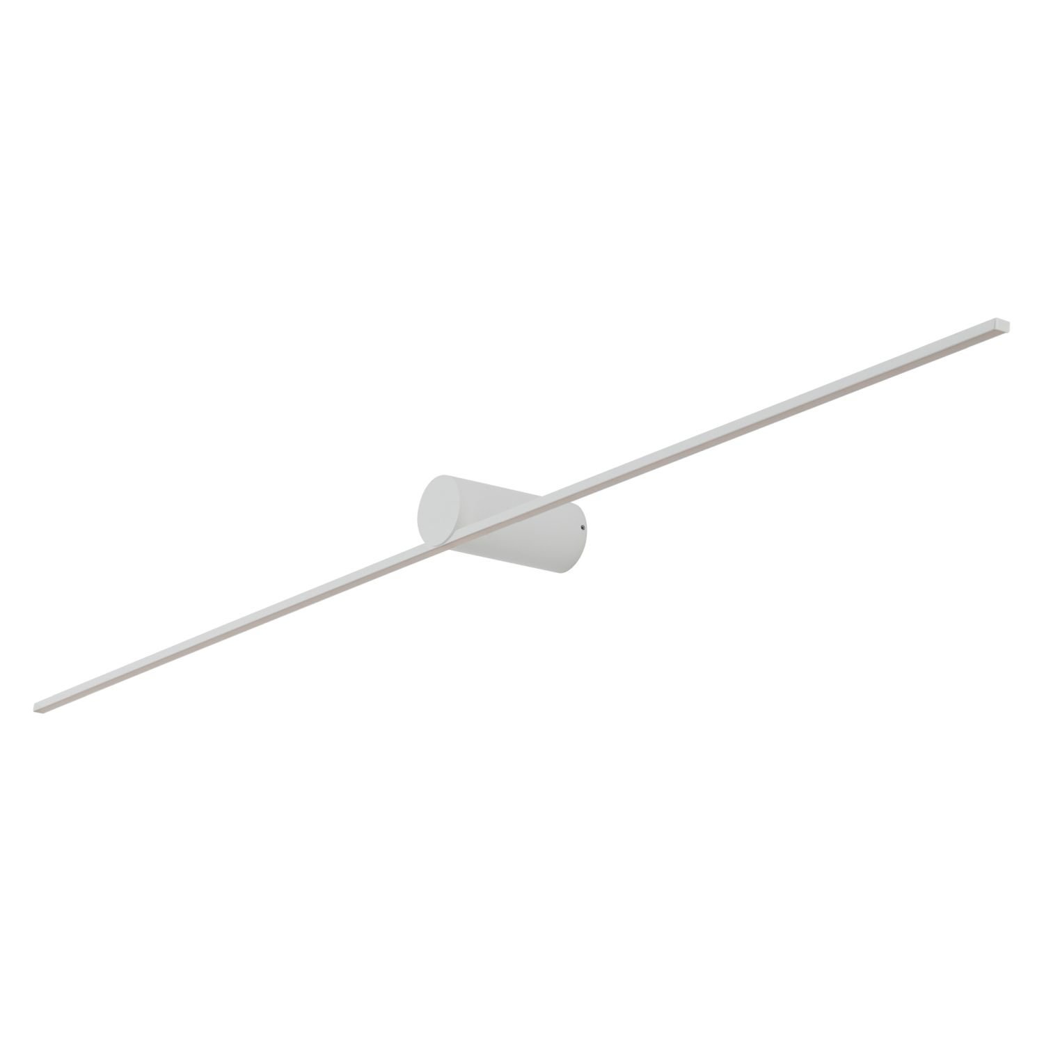 Na obrazie widoczna jest nowoczesna lampa ścienna LED o prostym, minimalistycznym designie, składająca się z długiego, cienkiego pręta zamocowanego na cylindrycznej podstawie.
