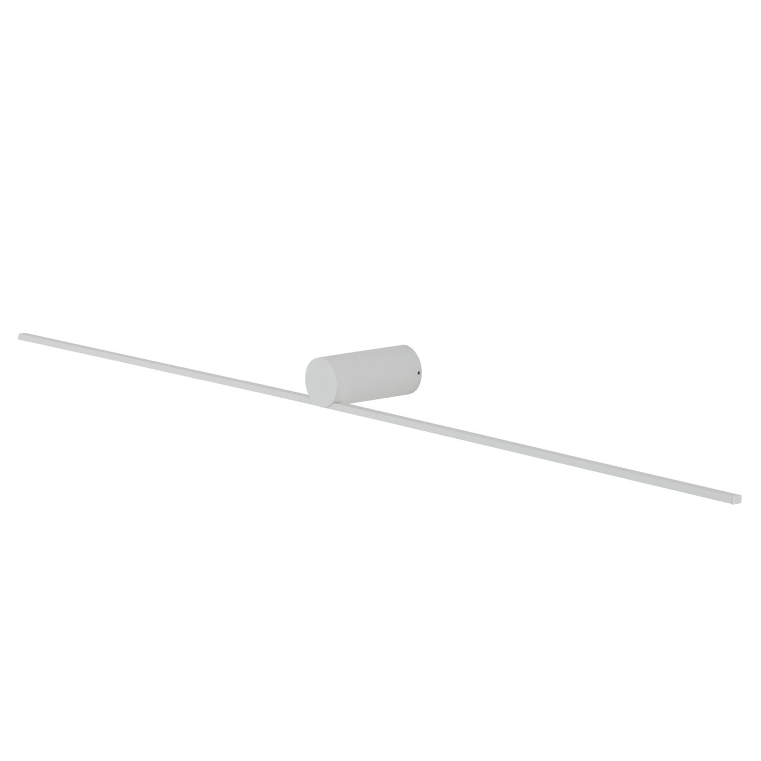 Na obrazie widoczna jest nowoczesna lampa ścienna LED o prostym, minimalistycznym designie, składająca się z długiego, cienkiego pręta i cylindrycznej podstawy w kolorze białym.