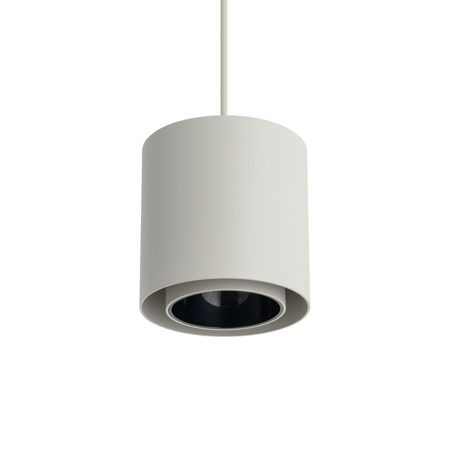 Na obrazie widoczna jest nowoczesna lampa wisząca w kształcie walca, w kolorze białym z czarnym wnętrzem. Lampa jest zawieszona na cienkim przewodzie.