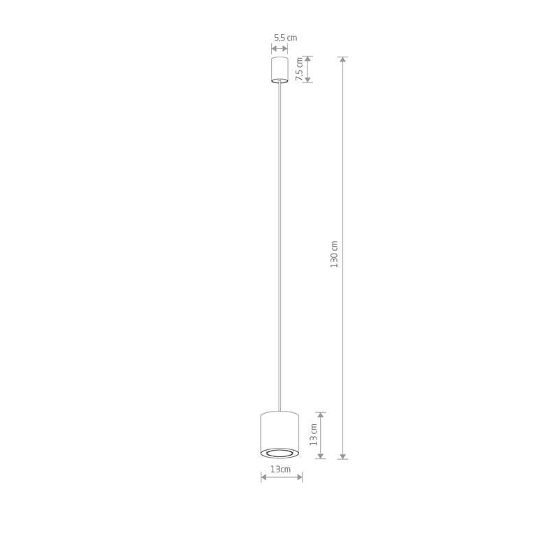 Schemat lampy wiszącej z wymiarami: wysokość całkowita 130 cm, średnica klosza 13 cm, wysokość klosza 13 cm, średnica mocowania sufitowego 5,5 cm, wysokość mocowania 7,5 cm.