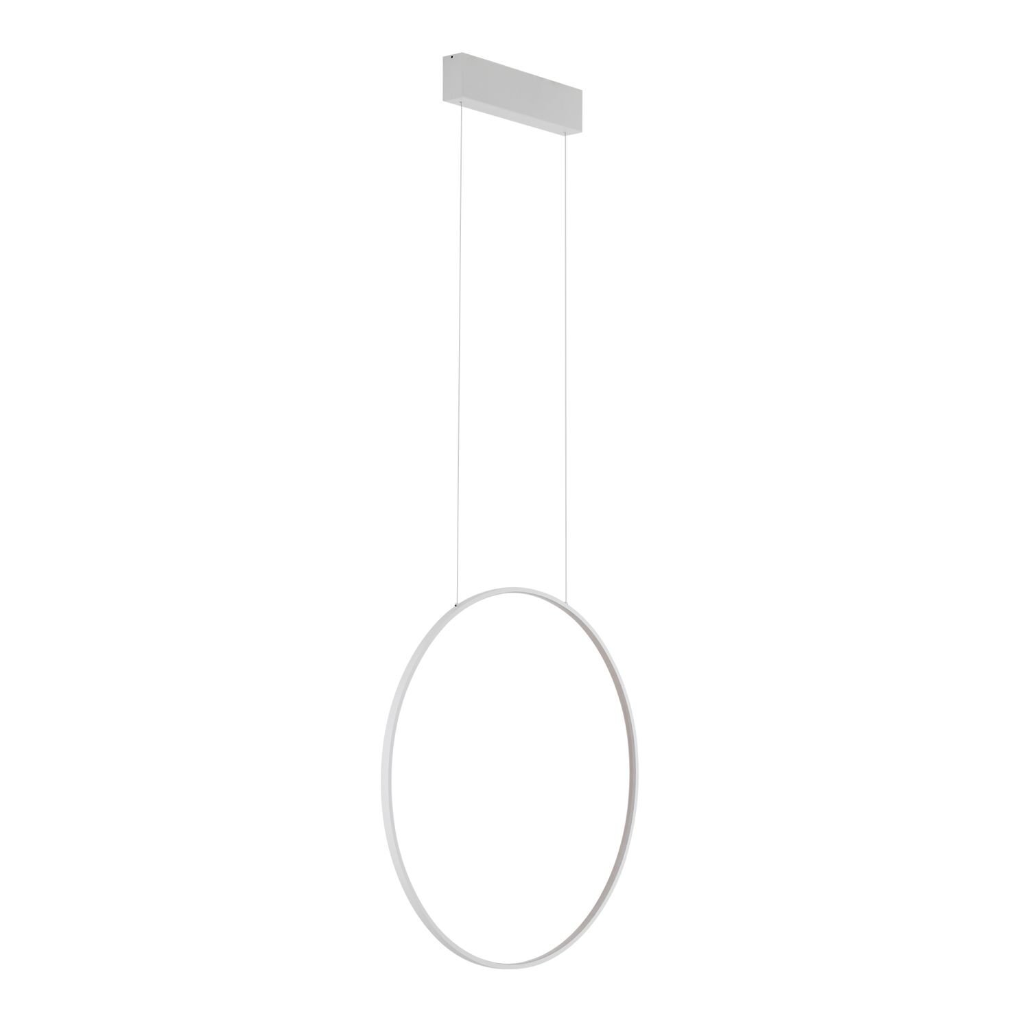 Na obrazie widoczna jest nowoczesna lampa wisząca w kształcie okręgu, zawieszona na dwóch cienkich linkach. Lampa ma minimalistyczny design i jest w kolorze białym.