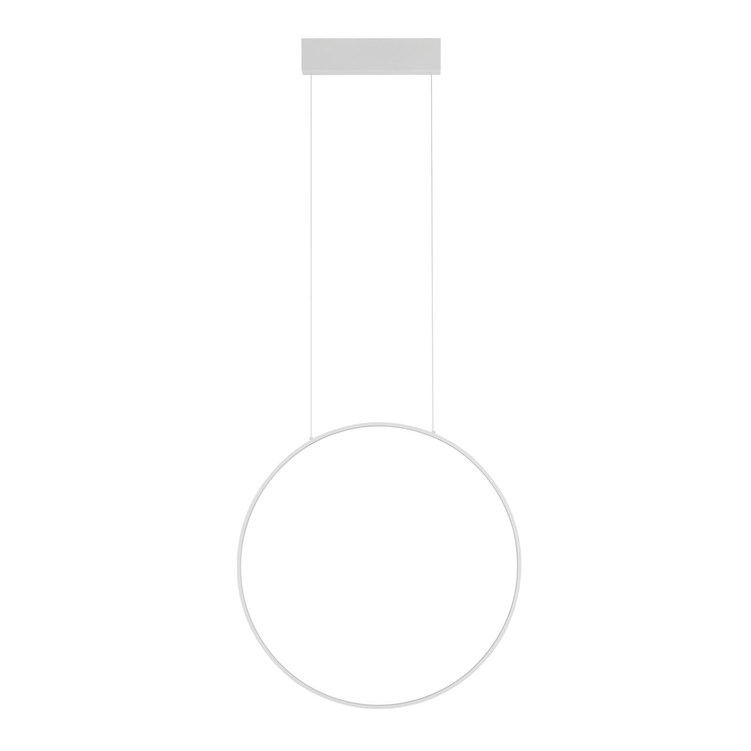 Na obrazie widoczna jest nowoczesna lampa wisząca w kształcie okręgu, zawieszona na dwóch cienkich przewodach. Lampa ma minimalistyczny design i jest w kolorze białym.