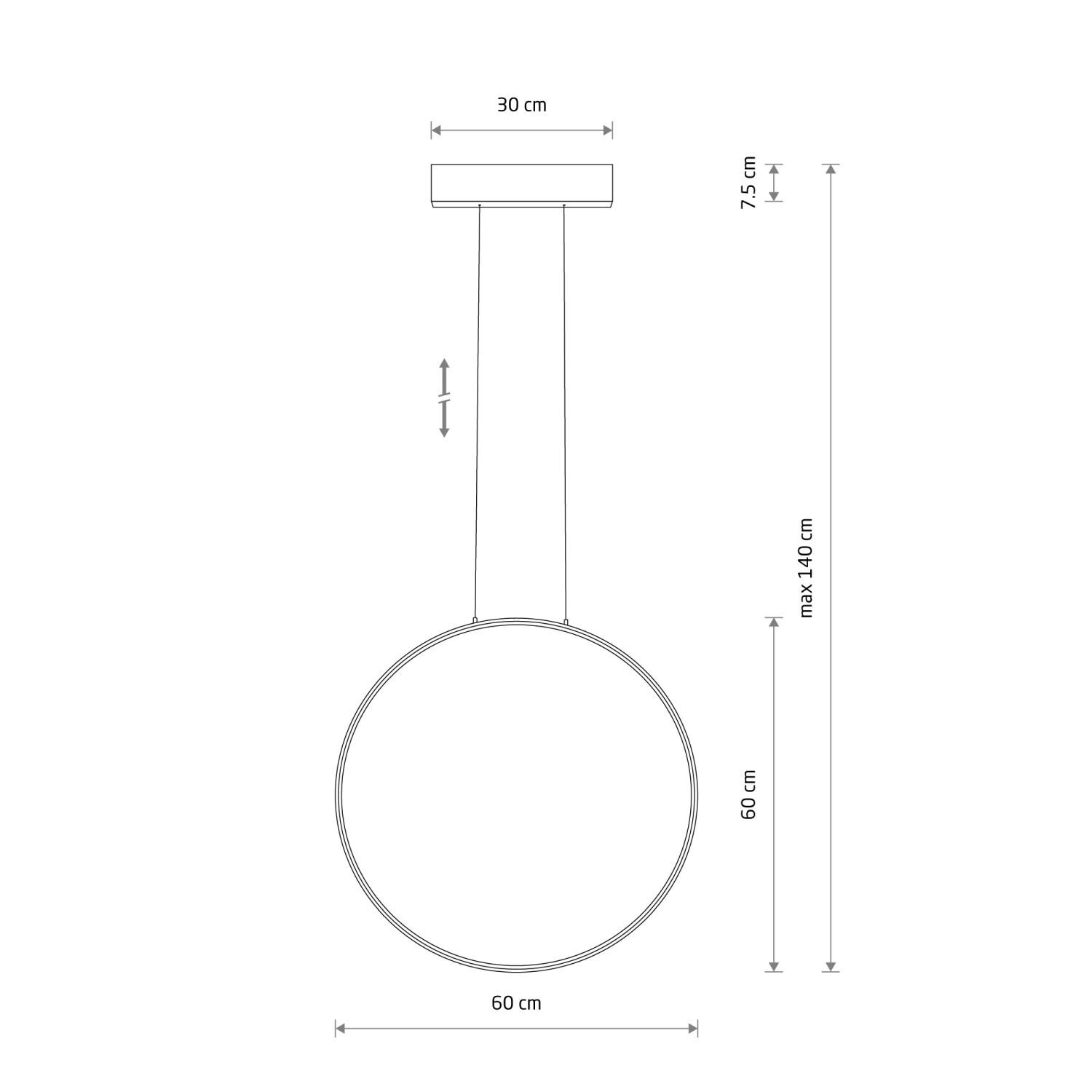 Schemat lampy wiszącej z okrągłym kloszem o średnicy 60 cm i maksymalnej wysokości 140 cm. Widoczne są wymiary: 30 cm szerokość mocowania, 7,5 cm wysokość mocowania.
