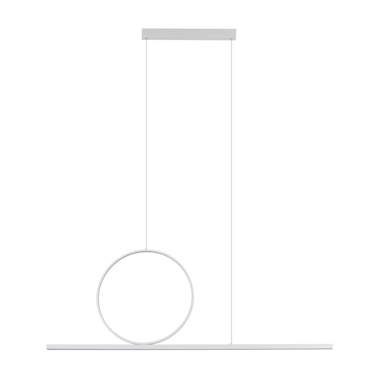 Nowoczesna lampa wisząca LED z białym okręgiem i poziomą linią, zawieszona na dwóch cienkich przewodach. Konstrukcja jest minimalistyczna i elegancka.