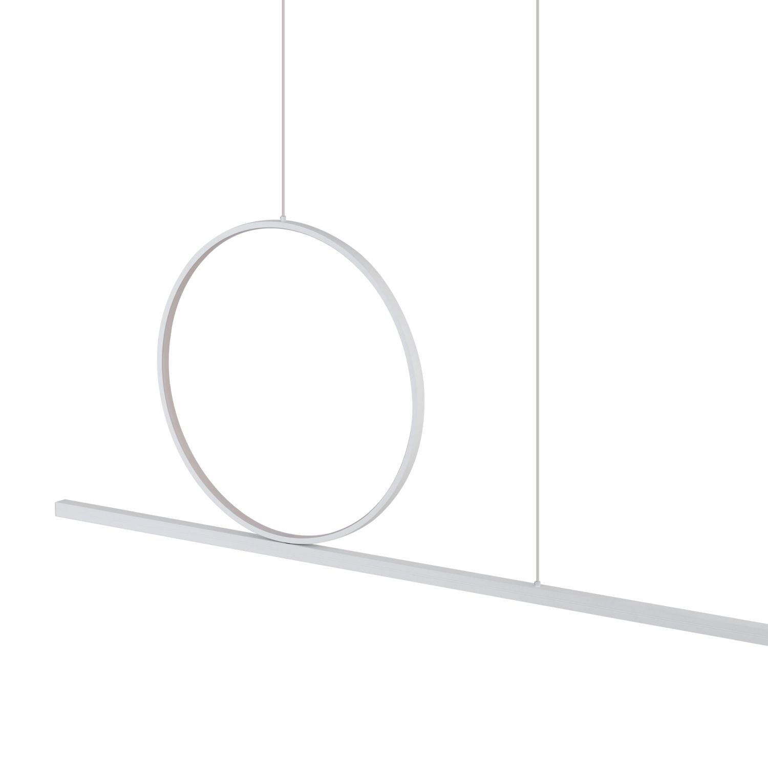 Nowoczesna lampa wisząca LED z okrągłym i prostokątnym elementem w kolorze białym, zawieszona na cienkich linkach.