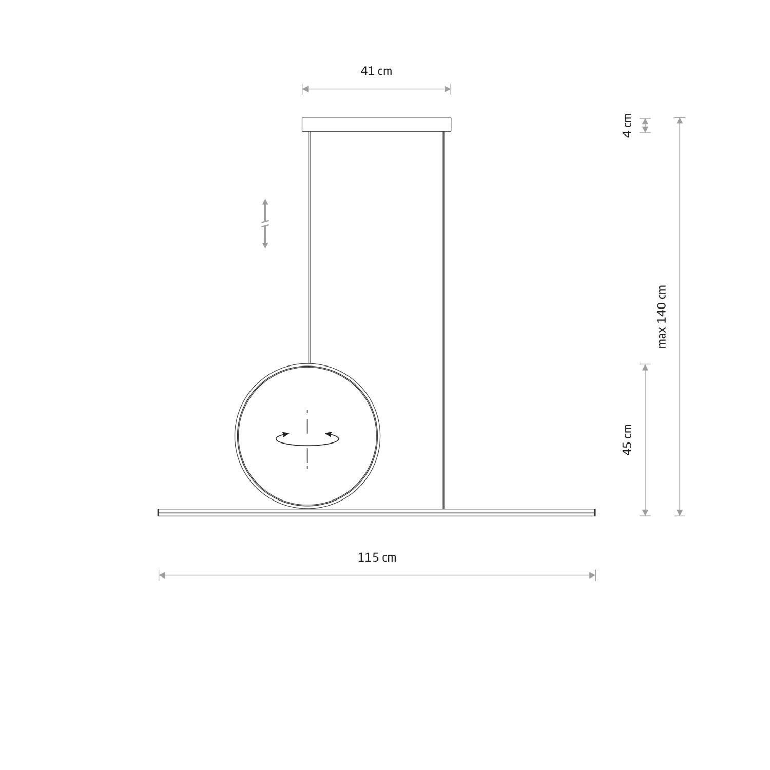 Schematyczny rysunek lampy wiszącej z wymiarami: szerokość 115 cm, wysokość maksymalna 140 cm, średnica elementu 41 cm, wysokość elementu 45 cm. Widoczne są strzałki wskazujące możliwość regulacji oraz tekst: \'41 cm\', \'4 cm\', \'max 140 cm\', \'45 cm\', \'115 cm\'.