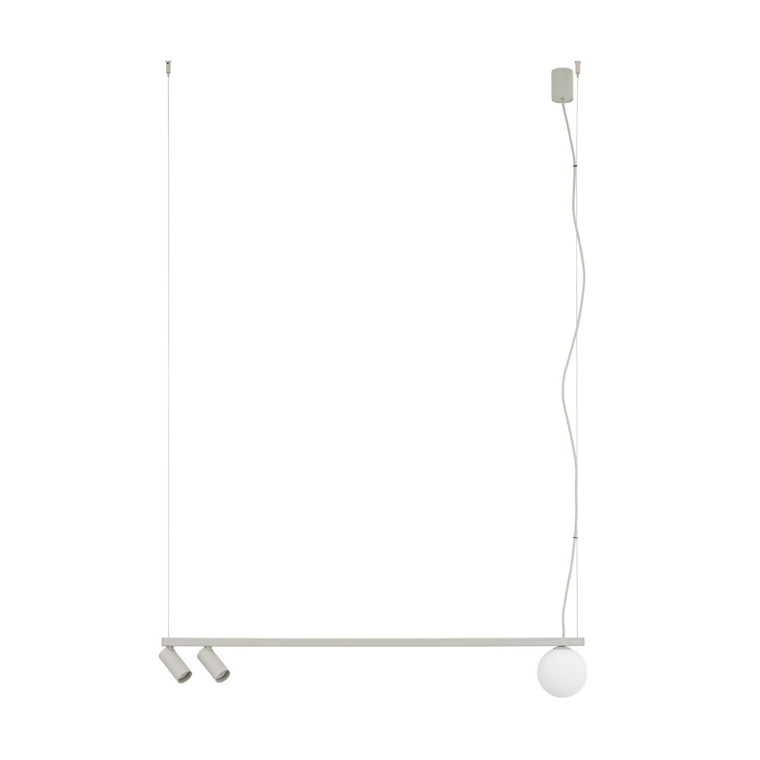 Na obrazie widoczna jest nowoczesna lampa wisząca z reflektorkami i kulistym elementem na końcu. Lampa ma minimalistyczny design z cienkimi przewodami i prostą belką.