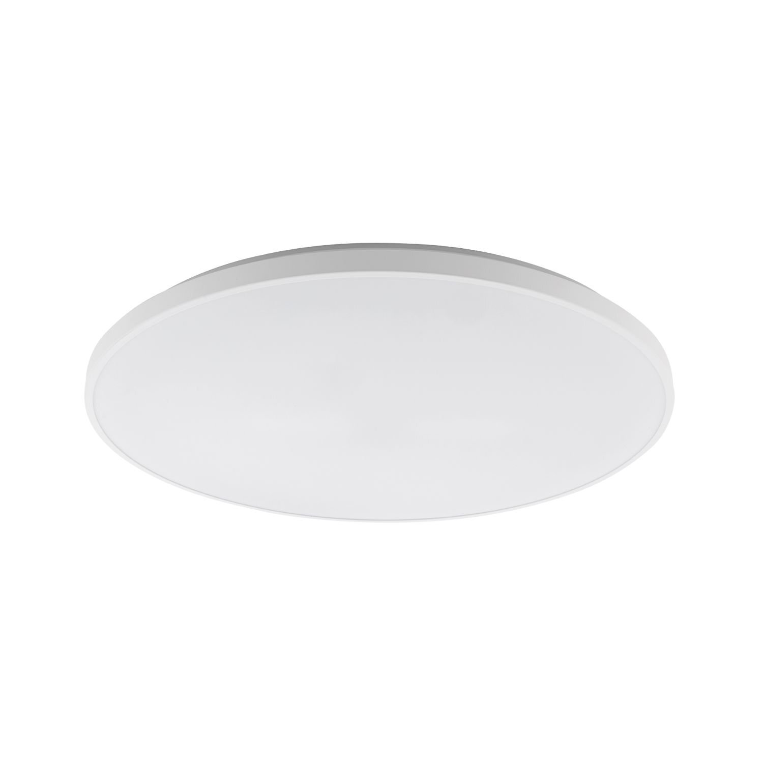 Okrągły, biały plafon LED o gładkiej powierzchni. Lampa ma nowoczesny design i jednolitą kolorystykę.