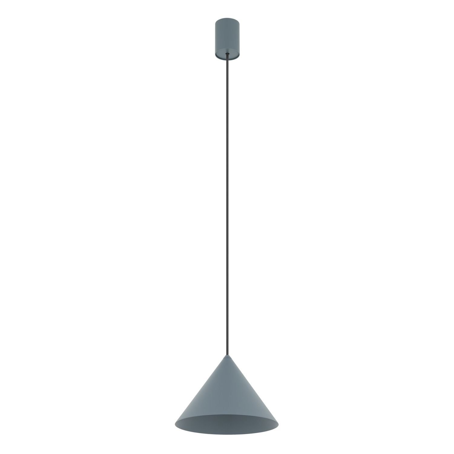 Na obrazie widoczna jest wisząca lampa o stożkowym kloszu w kolorze szarym, zawieszona na cienkim przewodzie. U góry znajduje się cylindryczna osłona przymocowana do sufitu.