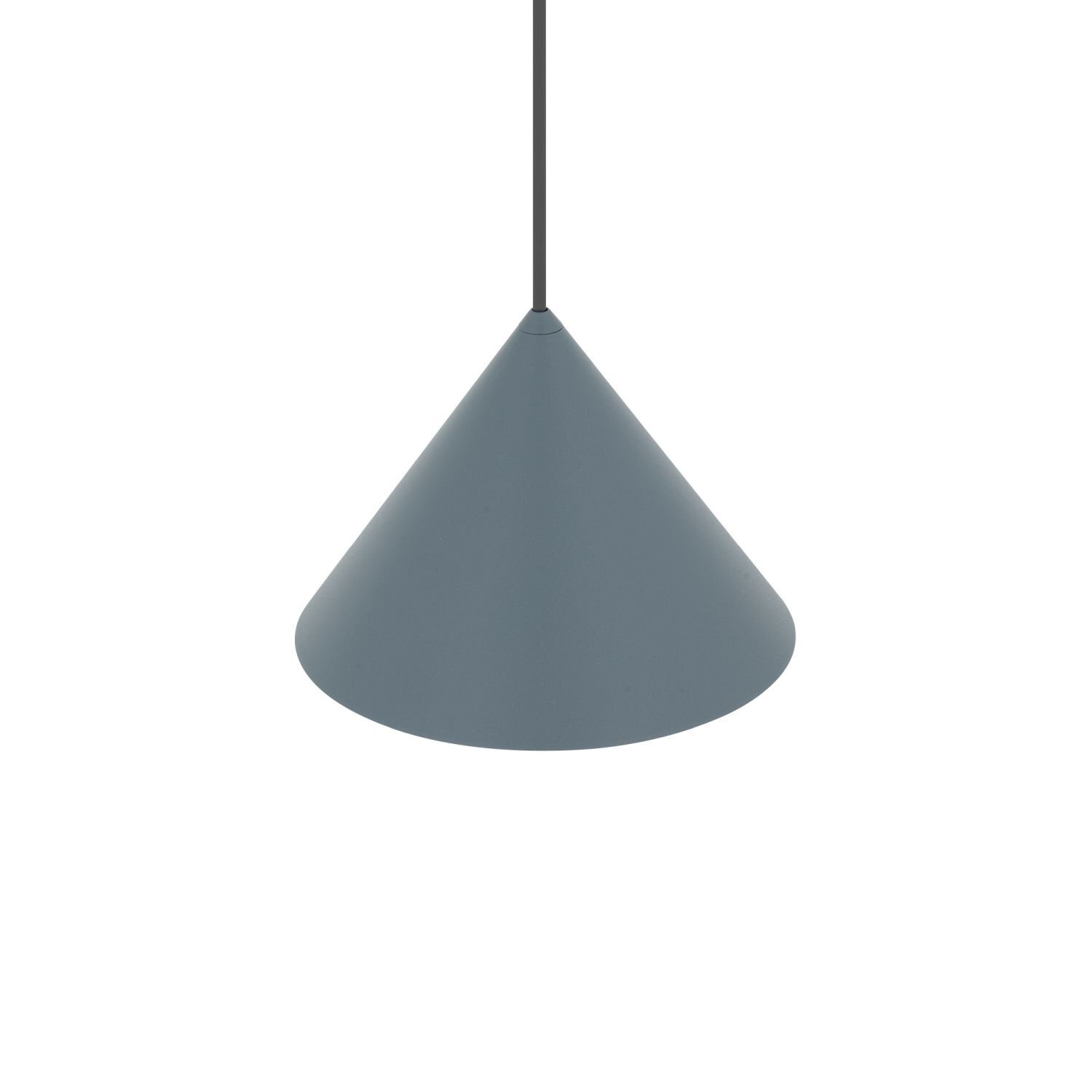 Na obrazie widoczna jest lampa wisząca o stożkowym kształcie w kolorze szarym, zawieszona na cienkim przewodzie.