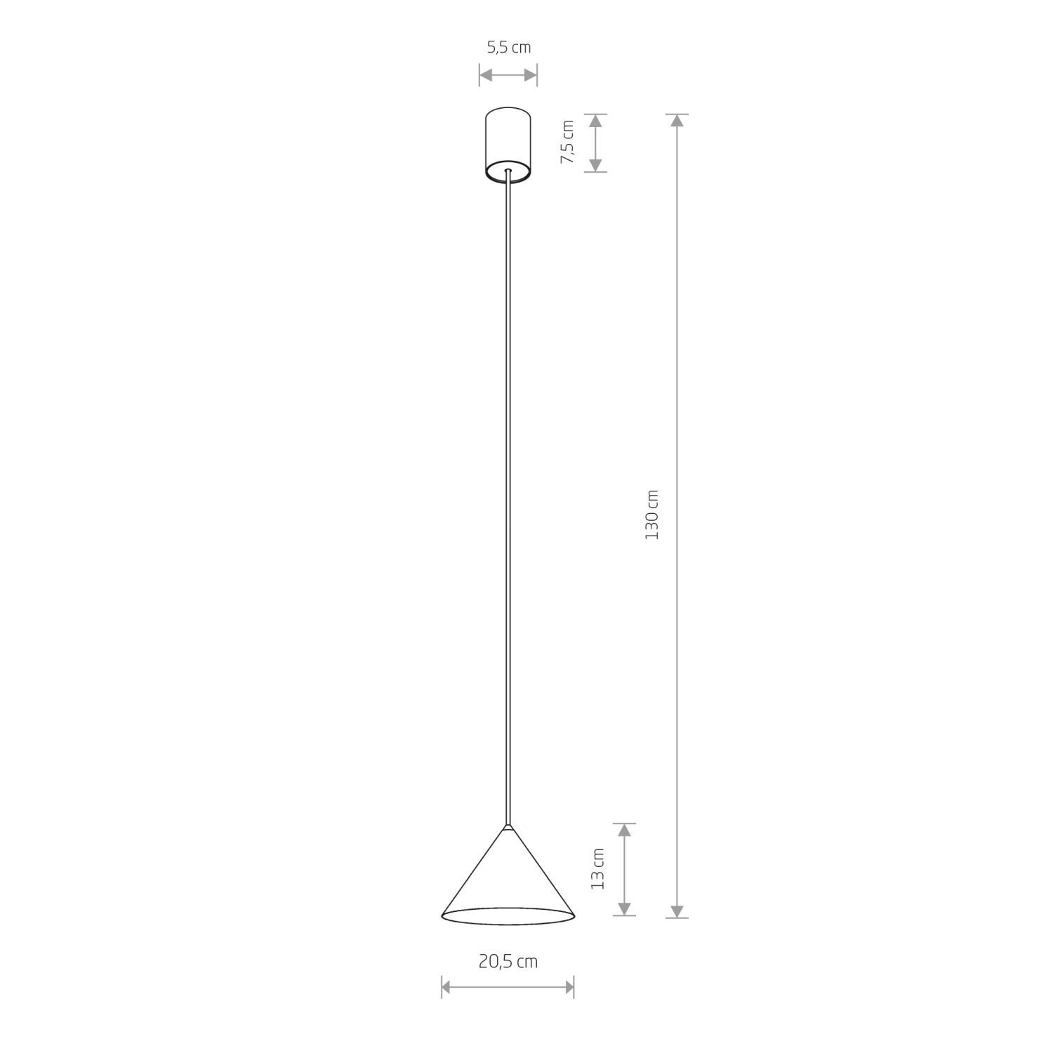 Schematyczny rysunek lampy wiszącej z wymiarami: wysokość całkowita 139 cm, średnica klosza 20,5 cm, wysokość klosza 13 cm, średnica mocowania sufitowego 5,5 cm, wysokość mocowania sufitowego 7,5 cm.