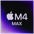 Kwadratowa ikona z logo jabłka i napisem \'M4 MAX\' na ciemnym tle z fioletową poświatą.