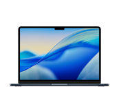 Laptop z wyświetlaczem pokazującym abstrakcyjną grafikę w odcieniach niebieskiego i żółtego. Obudowa jest w ciemnym kolorze, a na górnej ramce ekranu widoczny jest notch.