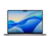 Laptop z wyświetlaczem pokazującym abstrakcyjną grafikę w odcieniach niebieskiego i żółtego. Obudowa jest w ciemnym kolorze, a na górnej ramce ekranu widoczny jest wcięcie na kamerę.