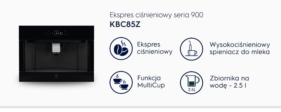 Obraz przedstawia ekspres ciśnieniowy serii 900 KBC85Z z funkcjami: ekspres ciśnieniowy, wysokociśnieniowy spieniacz do mleka, funkcja MultiCup oraz zbiornik na wodę o pojemności 2,5 l. Widoczne są ikony ilustrujące te funkcje.