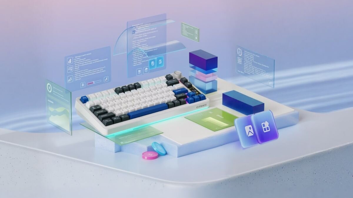 Na obrazie znajduje się klawiatura z podświetleniem RGB, otoczona przez unoszące się holograficzne panele z ikonami i tekstem. W tle widoczne są kolorowe klocki i ikony symbolizujące różne funkcje.