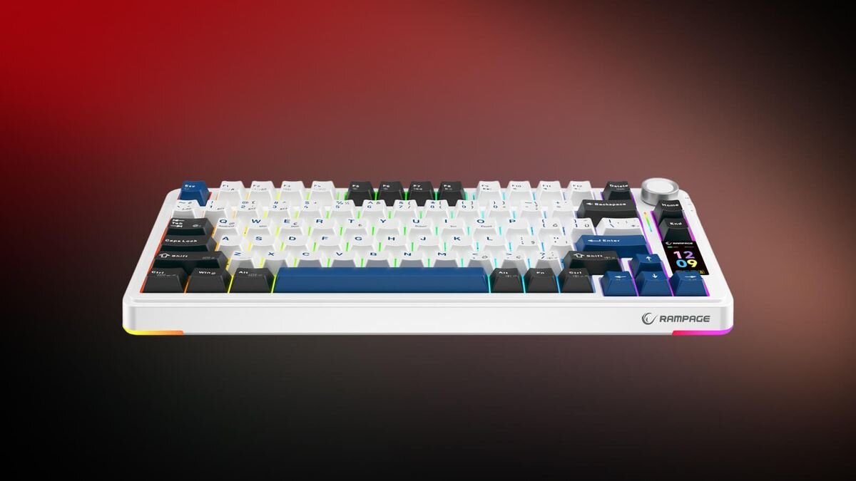 Klawiatura mechaniczna z białymi i czarnymi klawiszami oraz podświetleniem RGB. Widoczne logo \'RAMPAGE\' na obudowie.