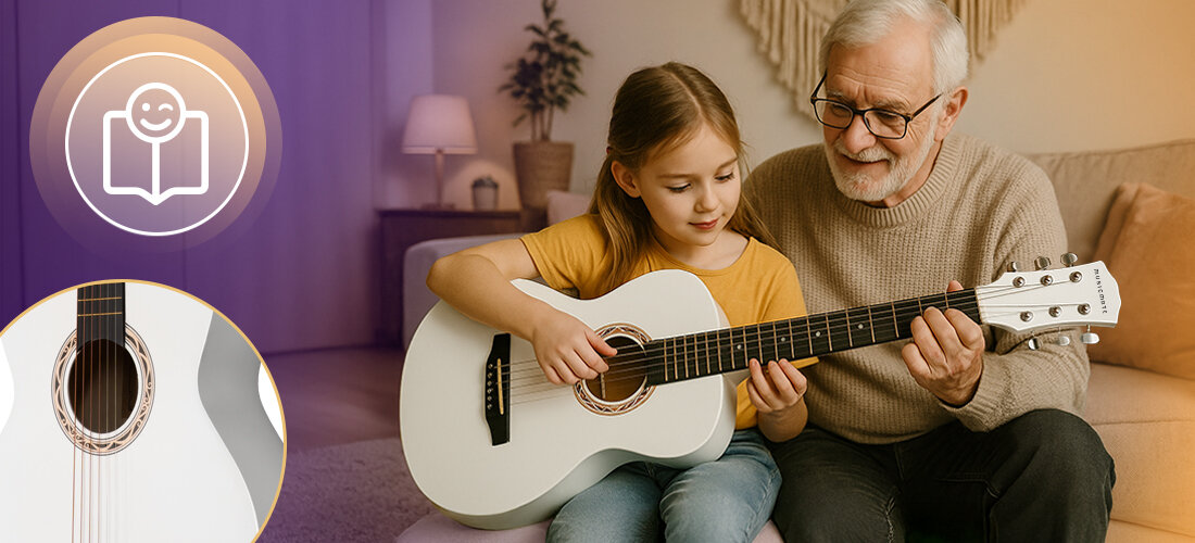 Dziewczynka siedzi z mężczyzną na kanapie, trzymając białą gitarę akustyczną. W tle widoczna jest lampa i roślina, a w lewym górnym rogu znajduje się ikona z uśmiechniętą twarzą i książką.