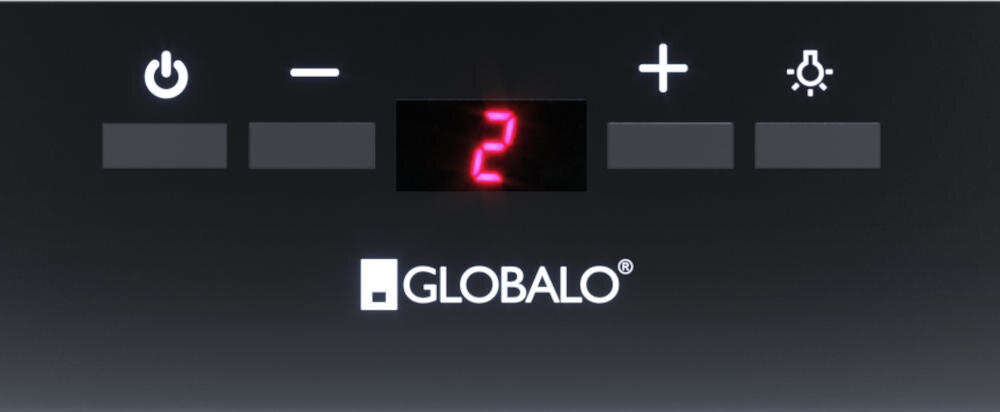Panel sterowania z wyświetlaczem pokazującym cyfrę \'2\', przyciski z symbolami włączania, zmniejszania i zwiększania oraz oświetlenia. Widoczne jest logo \'GLOBALO\'.
