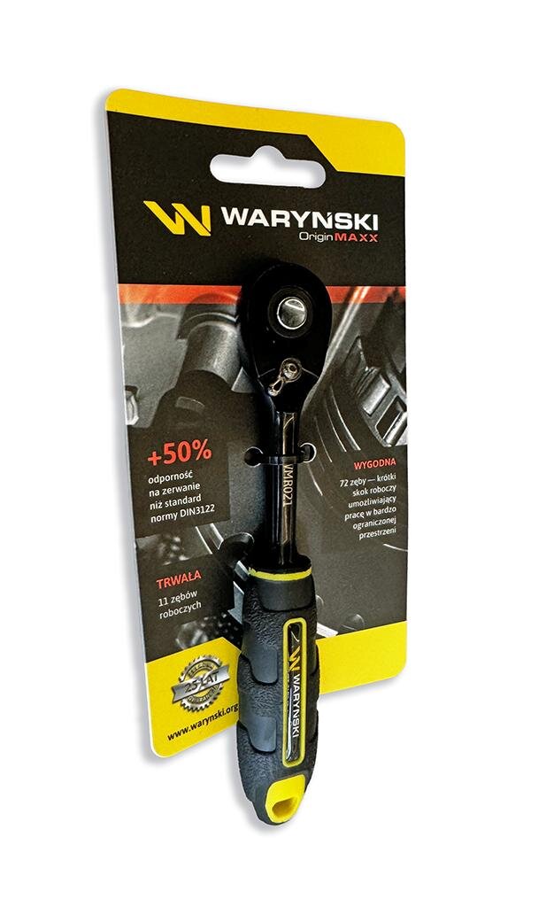 Na zdjęciu znajduje się grzechotka z ergonomicznym uchwytem, umieszczona na kartonowym opakowaniu z logo \'WARYŃSKI Origin MAXX\'. Na opakowaniu widnieją napisy: \'+50% odporność na zerwanie niż standard normy DIN3122\', \'WYGODNA 72 zęby\', \'TRWAŁA 11 rzędów roboczych\'.